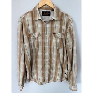Howler Brothers Mens Gaucho Snap Shirt Tan Brown Plaid Pearl Snap Vented LS L